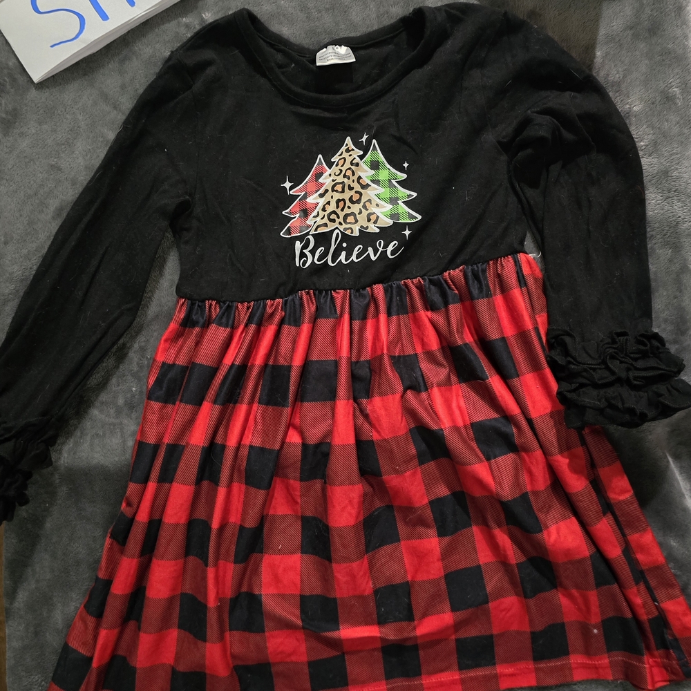 Black and Red Plaid Dress with Christmas Tree Design